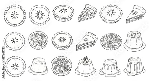 Illustration Vector Set of Desserts Line Art including Pie Cake and Flan in black and white minimalist style