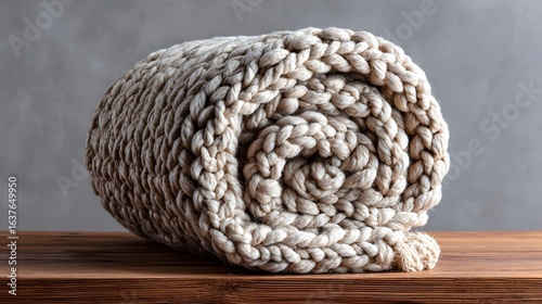 Rolled up chunky knit throw blanket on a wooden surface.