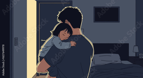 A father gently carries his sleeping child, a tender moment of familial love in a dimly lit room.