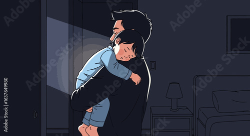 Father tenderly holds his sleeping child in the quiet darkness of their home.