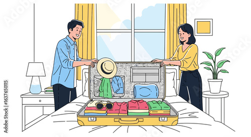 Couple unpacking a suitcase in a bedroom, getting ready for a trip.