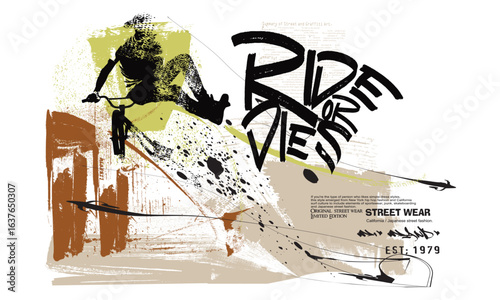 rider jumping on bike grunge style, rider jumping on grunge background. graffiti slogan print, t shirt graphics print vector design, Urban typography hipster street art, graphic Tees.eps8