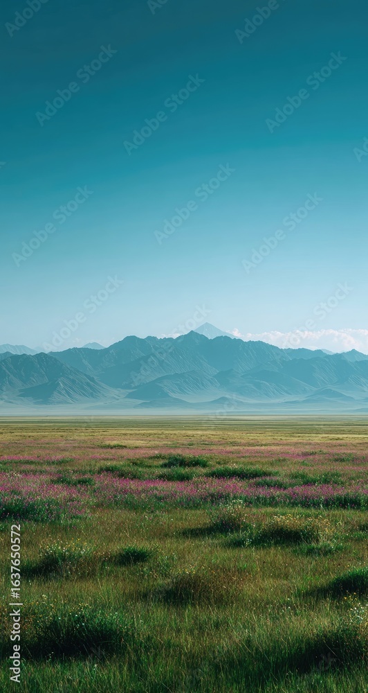 Fototapeta premium Vast, grassy plain stretches to hazy mountain range under a pale blue sky