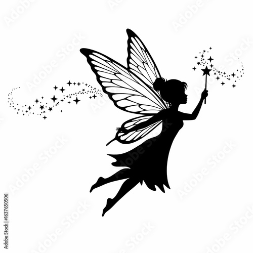 Whimsical fairy silhouette spreading magic with star wand and pixie dust