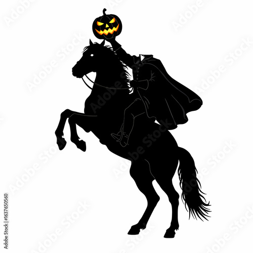 Spooky headless horseman with pumpkin head silhouette on riding horse