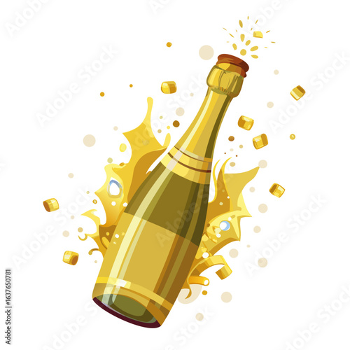 Champagne Bottle Pop with Golden Splash and Confetti Vector for New Year’s 2026