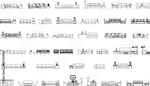  Vector Collection of Sofas and Armchairs Front Elevation in Black and White Outline
