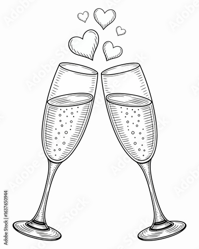 Romantic Champagne Toast with Hearts Illustration.