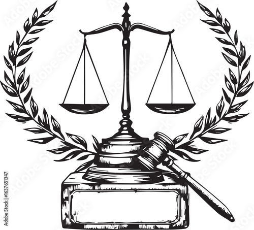 A hand-drawn style scale of justice and gavel with an olive wreath frame