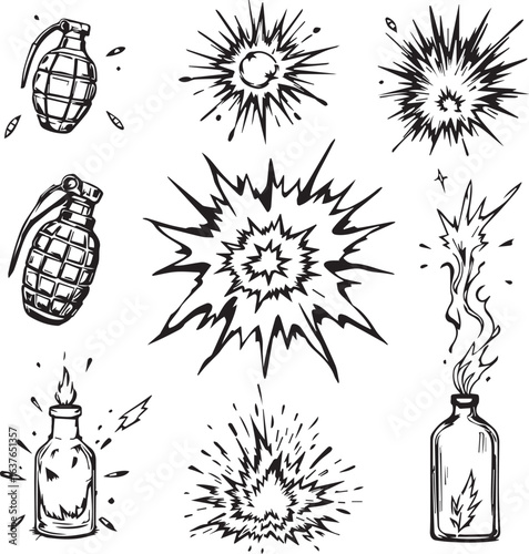  A collection of explosive icons, including grenades and a molotov cocktail in a hand drawn style