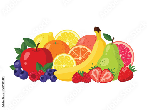 Fruit Fusion: A vibrant collection of fruits burst with color and freshness, displaying nature's delicious bounty. A harmonious arrangement of juicy apples, zesty oranges, sweet berries.