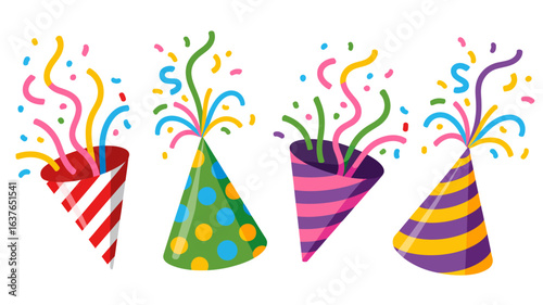 Colorful Party Hats with Confetti and Streamers.