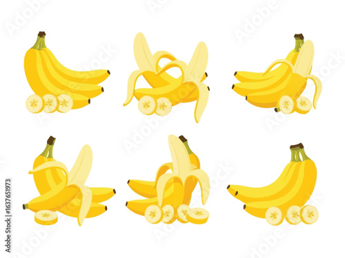 Banana Symphony: A vibrant illustration of a collection of ripe bananas, showcasing a variety of perspectives, peeled, sliced, and whole, highlighting the fruit's versatility and fresh appeal.