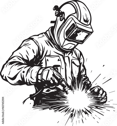 A welder at work with sparks flying, in a black and white vector design
