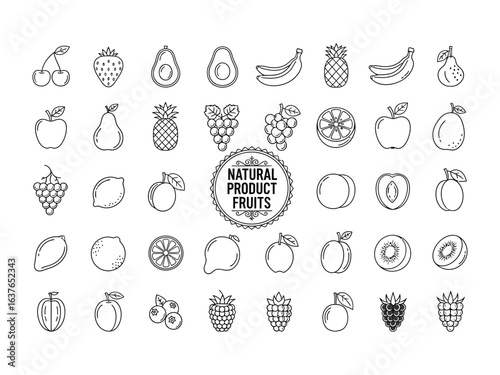 Fruit Icons: A diverse array of monochrome fruit icons arranged neatly on a surface with intricate detailing. A visual feast, each icon is rendered in a sleek and minimalist line art style.
