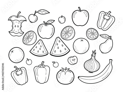 Garden of Simplicity: A monochrome illustration of a vibrant assortment of fresh fruits and vegetables, perfect for coloring or culinary themes.