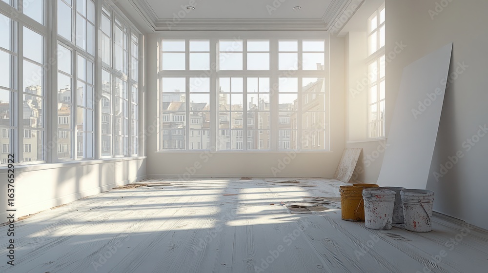 Fototapeta premium Bright and Spacious Empty Room with Large Windows and Natural Light in Modern Interior Design Style