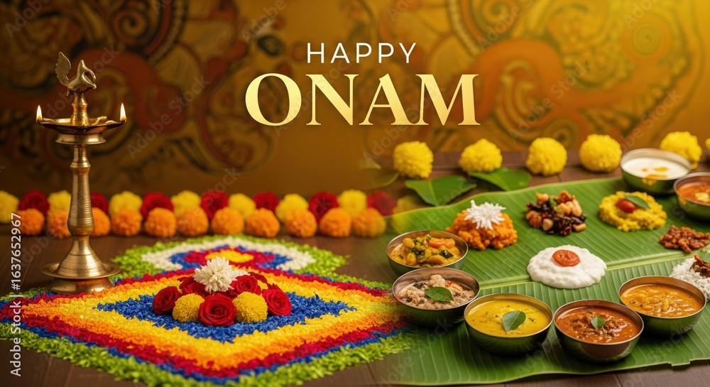 Obraz premium Happy Onam Greeting Poster with Bold Text and Traditional Floral Design – Kerala Festival Commercial Background