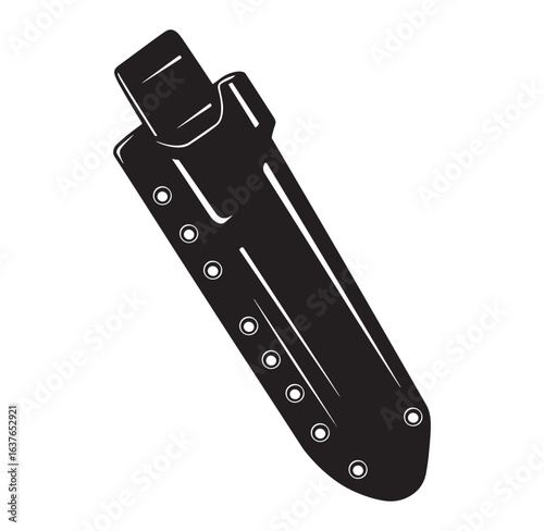 Black and white illustration of a knife sheath with rivets and textured details