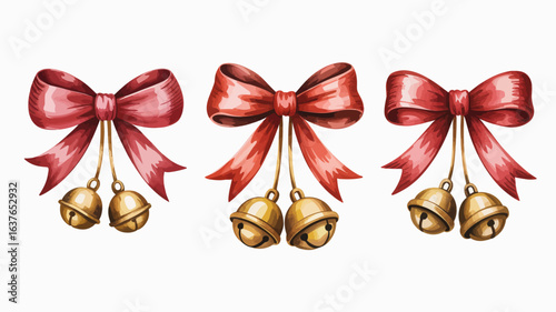 Three Watercolor Red Bows with Golden Bells Christmas Decorations.