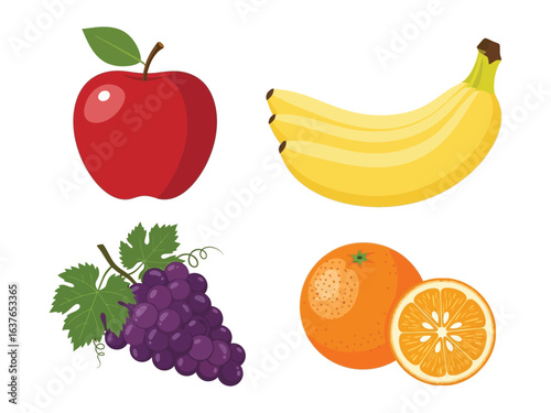 Delicious Fruit Medley: A vibrant collection of fresh fruit, showcasing the natural beauty and color of an apple, banana, grapes, and orange, all ripe and ready for enjoyment. 