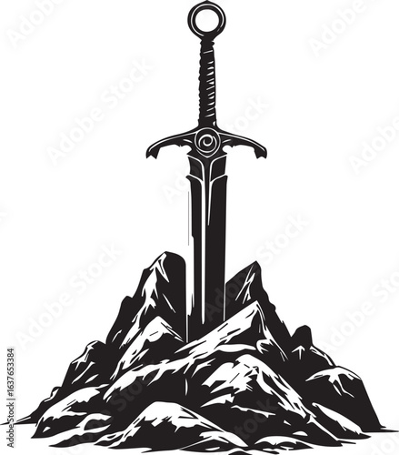 Sword in the stone vector illustration, a symbol of power, destiny, and legend

