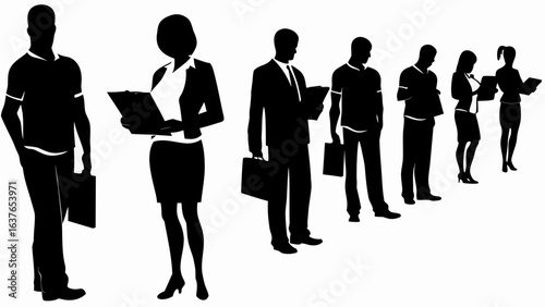 Silhouette of people standing in a line holding documents and bags in a business setting concept image | editable eps vectors