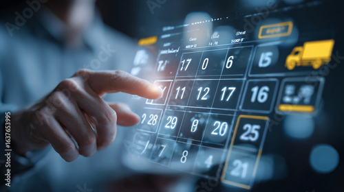 Man's finger touches digital calendar interface scheduling delivery logistics and business planning