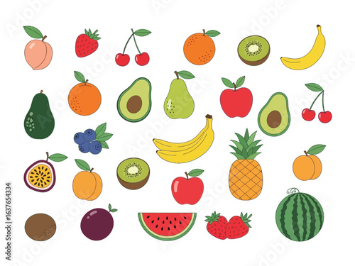 Fresh Fruity Collection: A vibrant and eye-catching illustration showcasing a diverse assortment of ripe fruits, inviting viewers into a world of natural flavors and wholesome goodness. 