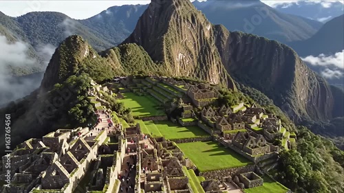 Aerial view of Machu Picchu, Peru, showcasing ancient ruins nestled in mountains, with tourists exploring. Ideal for travel brochures