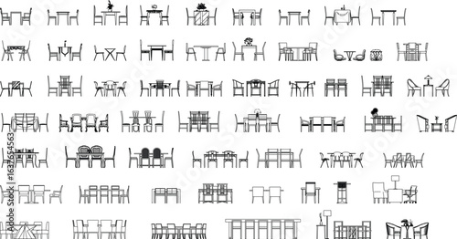 Vector Collection of Tables and Chairs Front Elevation in Black and White Outline