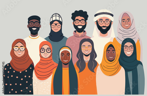 A diverse group of individuals wearing headscarves and scarves for protection from the cold weather. They are standing together, each person wrapped in various styles of scarves, creating a colorful a
