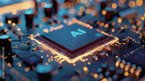 A detailed close-up of an electronic circuit board with intricate pathways and components like resistors, capacitors, and microchips. The board is neatly organized with soldered connections and tiny p