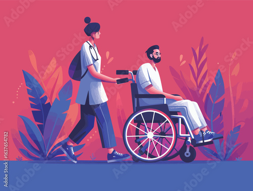 A man in a wheelchair is being helped by a nurse. The nurse is guiding the wheelchair, providing support to the man as they move together.