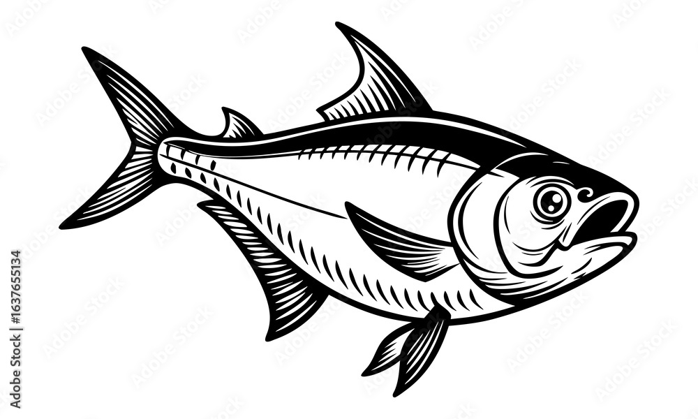 Fototapeta premium Tarpon fish mascot in monochrome vintage woodcut style.