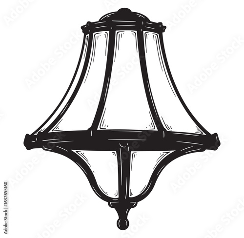 Vintage hand drawn street lamp illustration in black and white isolated on white background