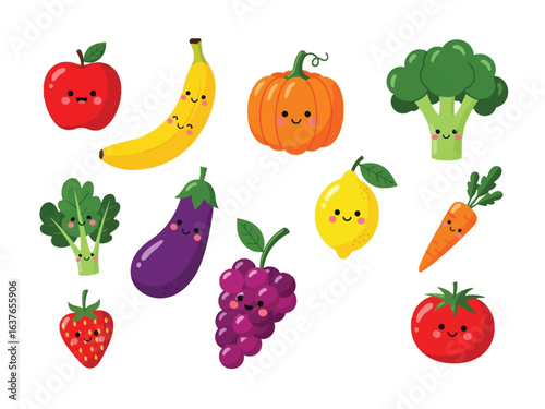 Vibrant fruit and vegetables with facial expressions: A collection of charming fruit and vegetables, each sporting an adorable facial expression.