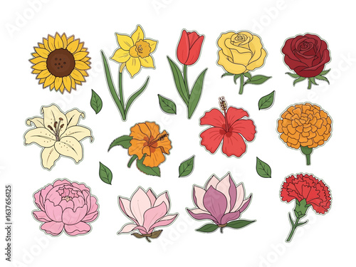 Botanical Abundance: An artistic illustration showcases a stunning collection of meticulously drawn and vibrant floral beauties, bursting with color and intricate detail. 