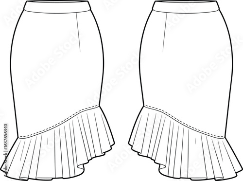 Elegant pencil skirt with pleated hem, fashion design illustration, trendy women's clothing, stylish apparel, vector drawing, cad drawing, flat vector illustration