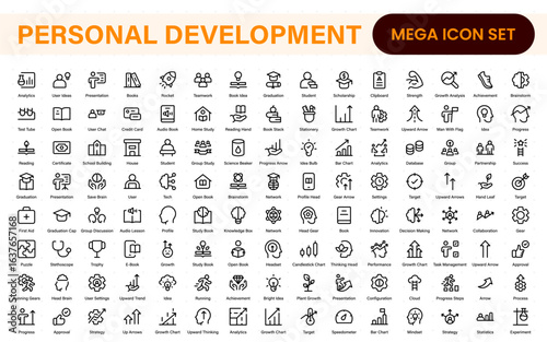 Upskilling and personal development icon pack in outline style. Includes icons for learning, training, education, career, and professional growth.