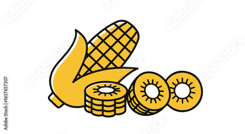 A vibrant illustration of sweetcorn with kiwi slices.