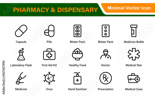 Pharmacy and dispensary icons. outline thin line icons such as apps, chemicals, drugs, weight, glucometer, syringe, and formula.