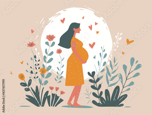 A pregnant woman is standing in a field of colorful flowers, her belly prominently displaying her pregnancy. The scene is serene, with the woman looking peaceful and contemplative.