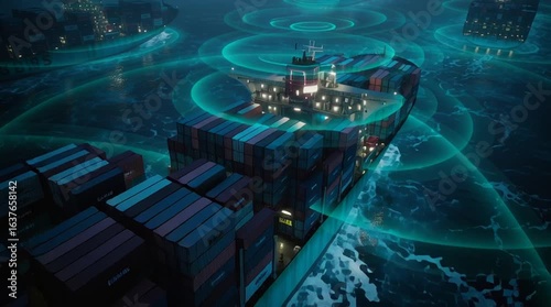 Digital Sea Fortress: A towering cargo ship slices through the turbulent sea, its containers gleaming under an array of illuminated energy rings.