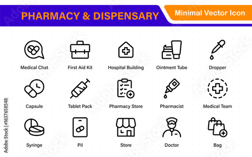 Pharmacy and dispensary icons. outline thin line icons such as apps, chemicals, drugs, weight, glucometer, syringe, and formula.