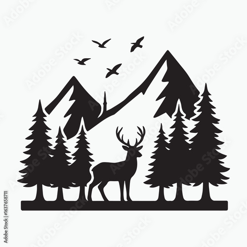 Black silhouette vector of a deer standing in a pine forest with mountains in the background and birds flying above, clean minimal solid style, isolated on white background, perfect for t shirt design