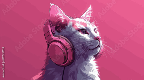 A cat is wearing headphones on its ears, appearing to be listening to music or sound. The feline seems relaxed and content, with its eyes half-closed, possibly enjoying the audio experience.