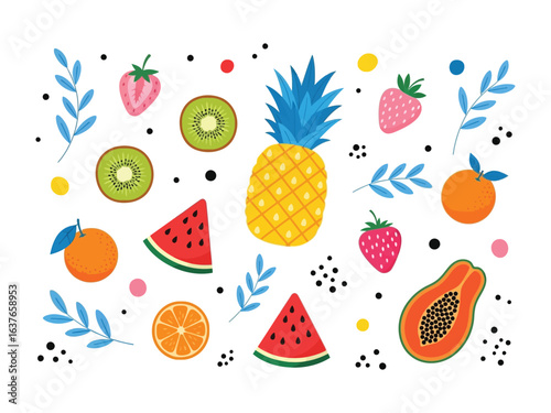 Fruit Medley: a cheerful arrangement of vibrant, colorful fruits to refresh your mood, capturing a summery and natural vibe