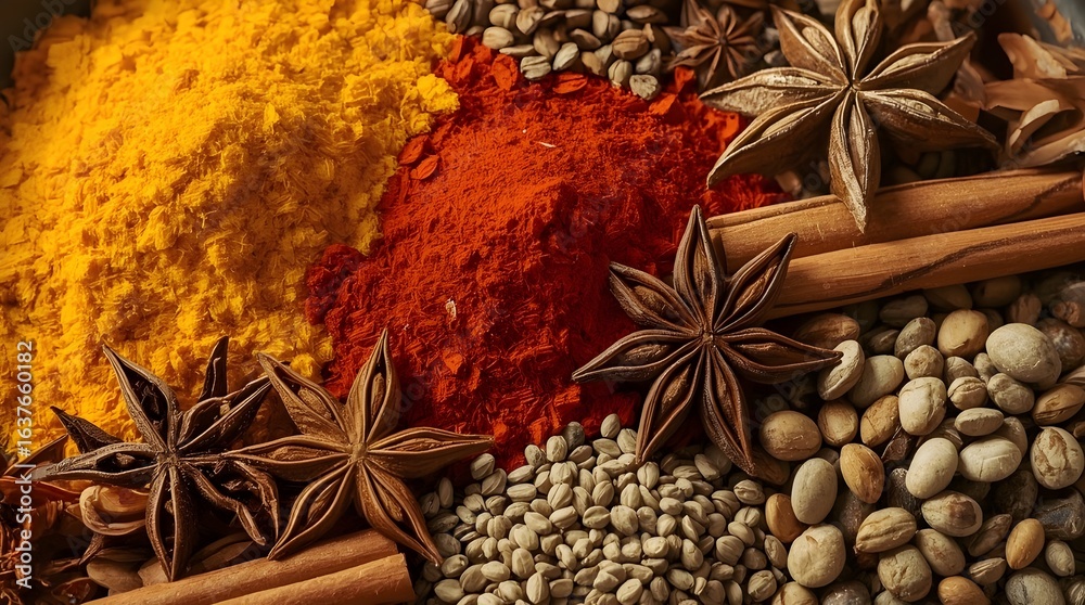 Obraz premium A hyper-realistic close-up photo of a vibrant bowl of fresh, colorful spices, with unique textures highlighted by bright, even lighting