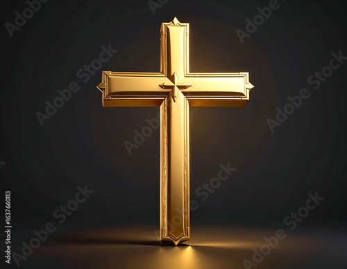 Ornate gold cross on dark background, subtly lit from below